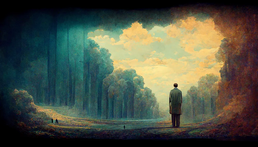 مقصد از خلقت انسان چیست؟_آفتاب وطن 22 مرد در نمای نقاشی درختان سبز پاییزی و آسمان