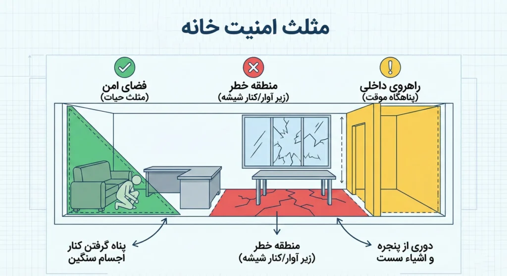 ۱۰ مسئله الزامی برای محافظت از خود در زمان جنگ_آفتاب وطن 3 جاهای امن خانه در موقع زلزله یا هر نوع حادثه شبیه آن