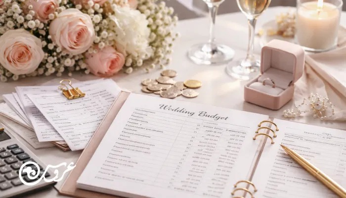 بودجه‌بندی و مدیریت هزینه‌های پنهان عروسی روی میز سفید؛ دفتر برنامه‌ریزی هزینه‌ها کنار فاکتورها و رسیدها، ماشین‌حساب، سکه‌ها و حلقه در جعبه، با دسته‌گل رز و جام‌های شامپاین در پس‌زمینه.